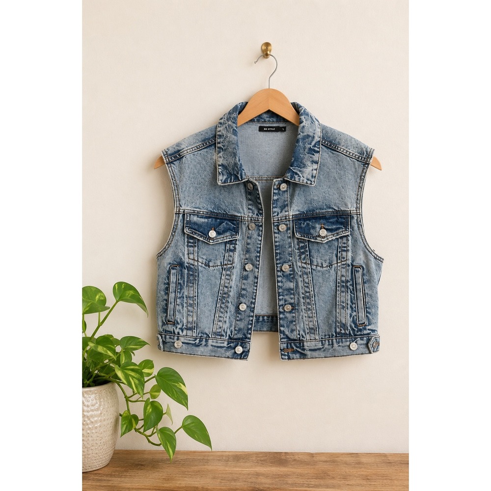 RD Style Acid Wash Denim Vest NWT Women's L Jean Festival Western Punk Cowgirl